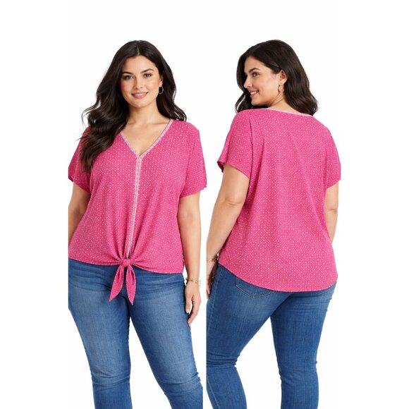 JM Collection Tops - JM Collection Pink Tie-Front Geometric Blouse Small (Fits Medium)